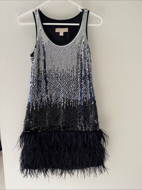 MICHAEL Michael Kors Silver and Black Sequin Feather Trim Tank Dress